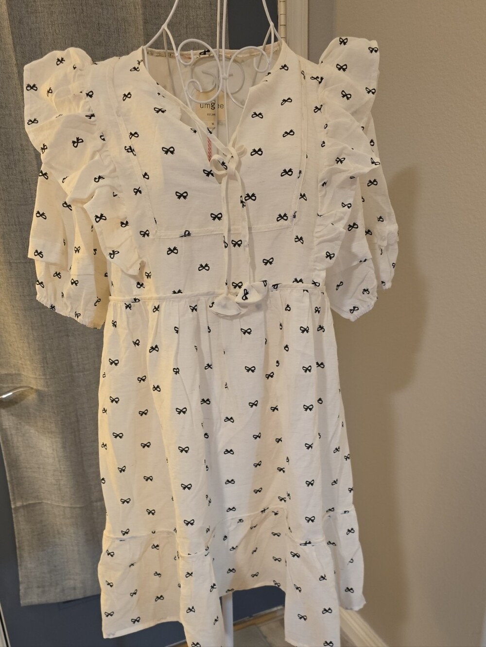Umgee White Girls' Dress with Black Bow Print and Ruffle Sleeves